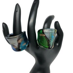 Handcrafted Dichroic Glass Statement Rings Blue & Green Tones Size 6.5